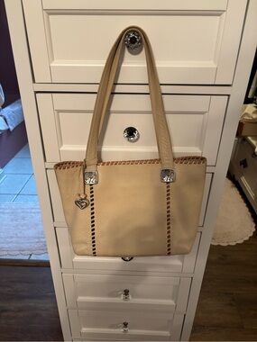Brighton Cream Leather Tote with Heart Charm and Whipstitch Trim